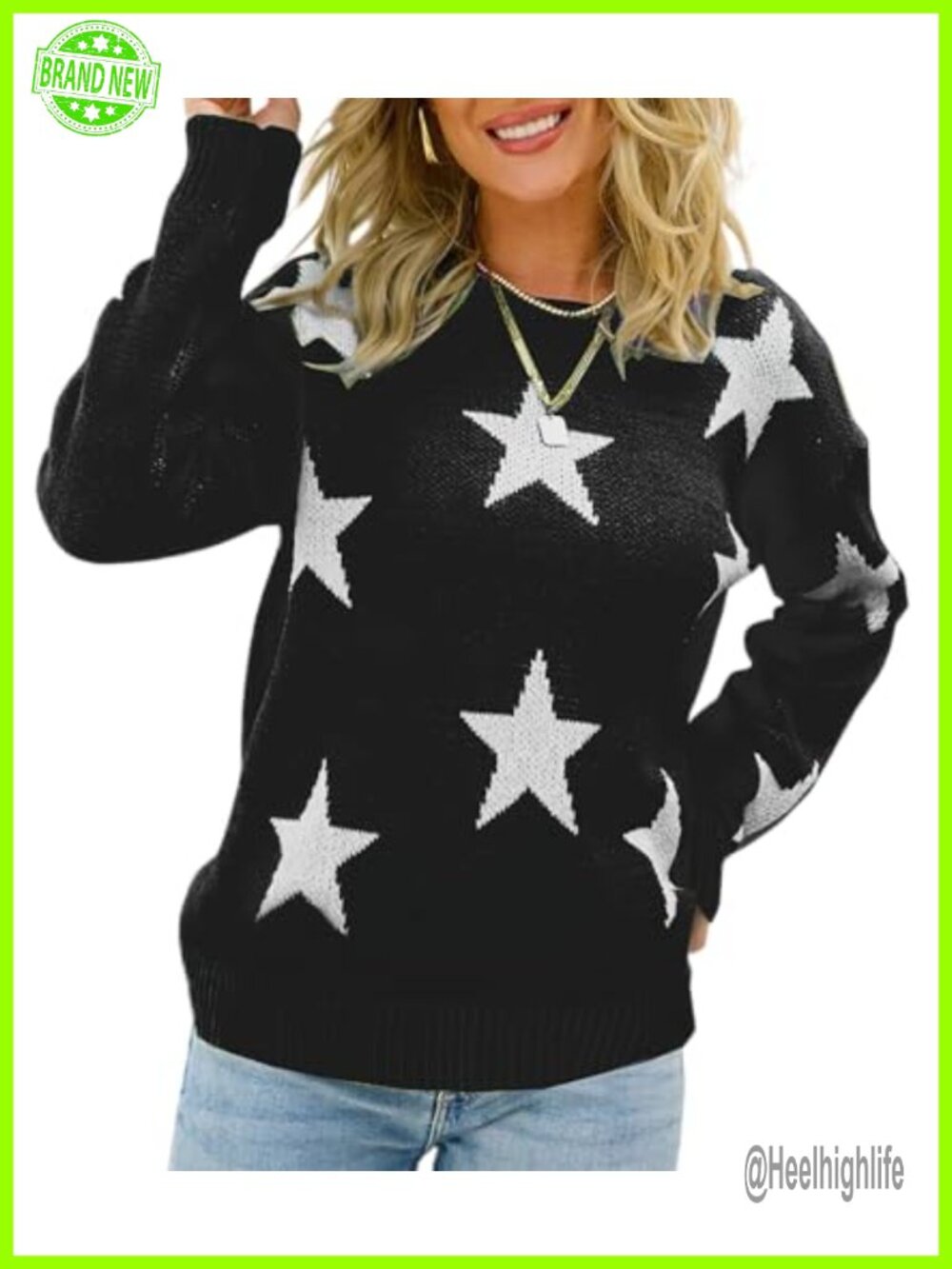 Women's Star Graphic Cable Knit Sweater Pullover Crew Neck Loose Fit